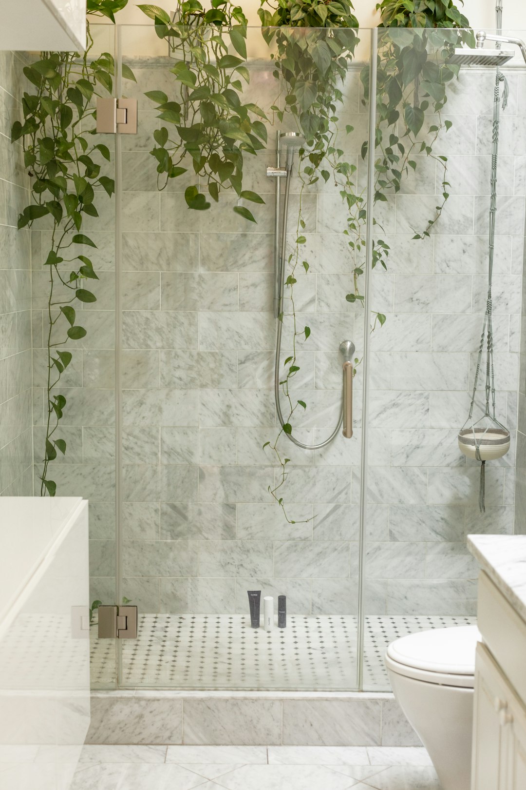 skincare products in glass shower with plants